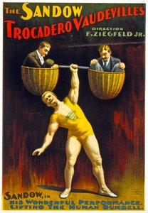 Affiche publicitaire pour The Sandow Trocadero Vaudevilles c.1894